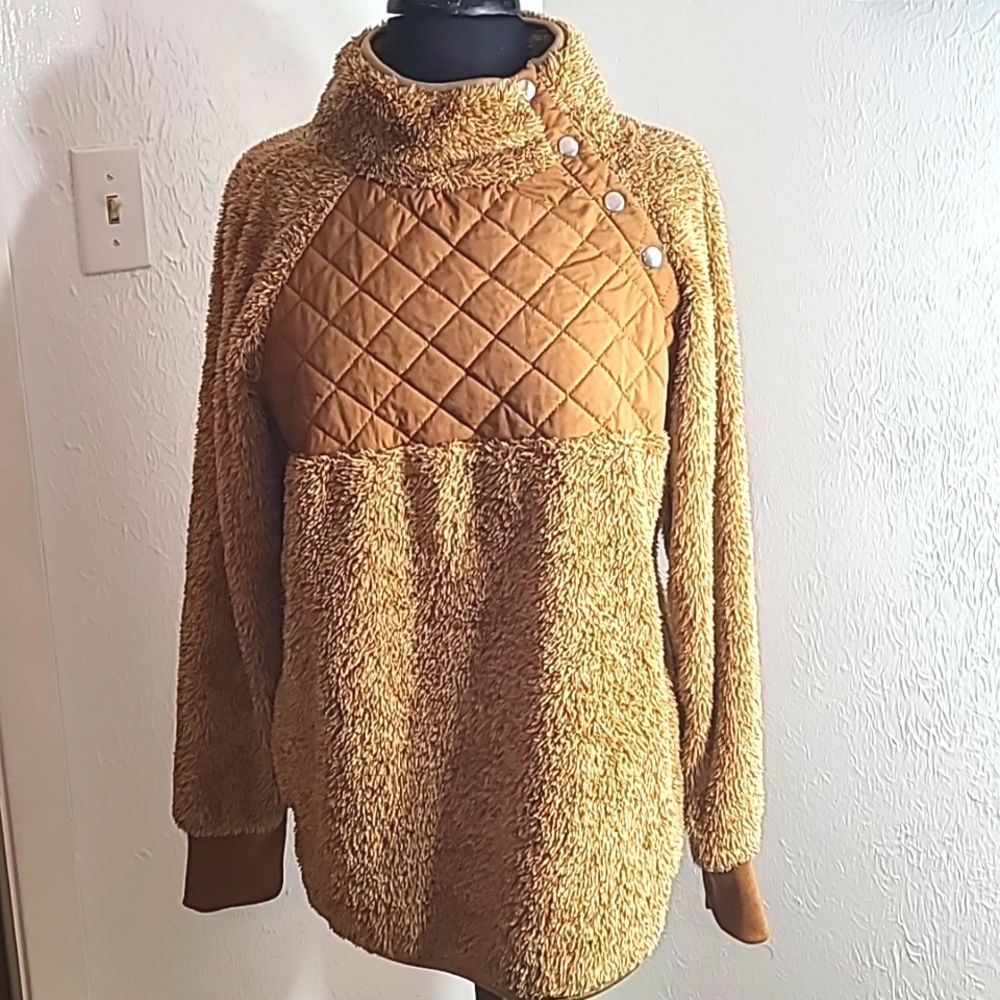 Furry Pullover Mock Turtleneck Jacket, Tanish Brown, Size XL